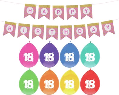 Haza Verjaardag 18 jaar geworden versiering - 16x thema ballonnen/1x Happy Birthday slinger 300 cm