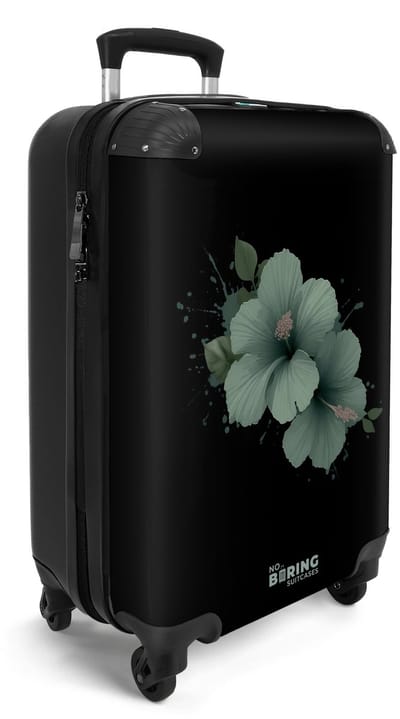 NoBoringSuitcases.com® - Handbagage koffer lichtgewicht - Reiskoffer trolley - Zwart met groene hibiscusbloem - Reis rolkoffer met wieltjes - Cabin koffertje klein - Carryon valies - Harde bagagekoffer - Past binnen 55x40x20 en 55x35x25