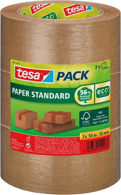 Verpakkingstape tesapack® Papier Standard ecoLogo 50mx50mm bruin bundel 3 rollen | 6 stuks