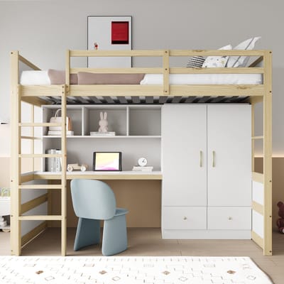 PHOEBE CAT Hoogslaper - 90 x 200 cm - met Boekenplank en Bureau - Kledingkast - Lades - Kinderbed - Natuurlijk