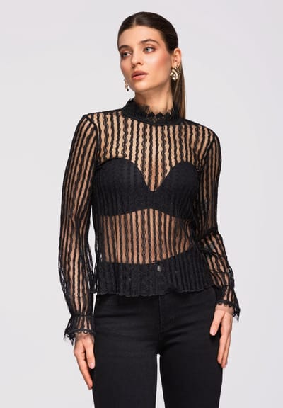 OMBRE Blouse - Slim Fit - Lange Mouw - Knopen Zwart S