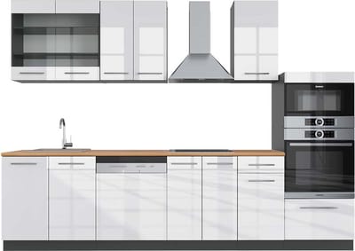 Vicco Fame-Line Complete keukeneenheid – 300 cm met hoge kast, WB Eik Wit hoogglans/antraciet
