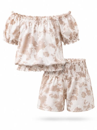 Meisjes Zomerset Beige - 2-delig (top + short) - Stijlvolle print - Maat 98/104 - korte broek + shirt
