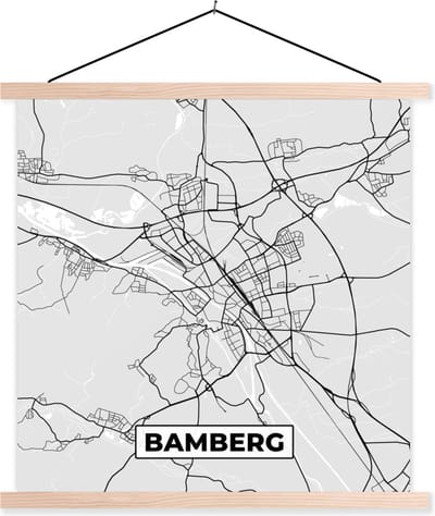 Posterhanger incl. Poster 40x40 cm - Schoolplaat - Plattegrond - Duitsland - Bamberg - Stadskaart - Kaart - Textielposter - Blanke latten - Stadskaart