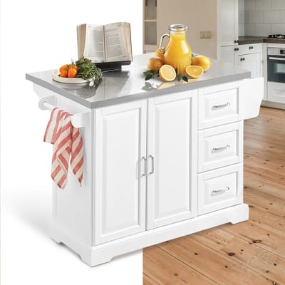 Keukeneiland - Verplaatsbaar - Keukenkast - Dressoir - Organizer - Kasten - RVS Werkblad - 2 Deuren - Wit
