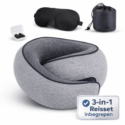 Varale Nekkussen Reizen – Memory Foam – Ergonomisch Reiskussen voor Vliegtuig & Auto – Inclusief Slaapmasker & Oordoppen – Grijs