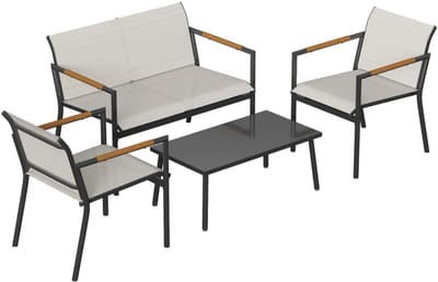 Tuinset - Loungeset met 2-Zitsbank, 2 Fauteuils, Salontafel & Kussens - Ademende Tuinmeubelset voor 4 Personen - Tuinbank - Zitset - Tuinsalon voor 4 Personen - Zitgroep -voor Terras, Balkon, Tuin
