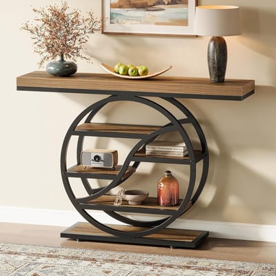 Tribesigns Consoletafe - industriële 5 Vaks Sidetable - Bruin - 120 x 30 x 88 cm - Smalle Houten Accent Tafels met Opbergplanken voor Hal, Woonkamer, Entree, Foyer