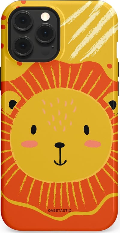 Casetastic hoesje geschikt voor Apple iPhone 12 Pro Max - MagSafe - Dubbellaagse bescherming - Vrolijke leeuw - Fashion Case - Goud Rood Oranje