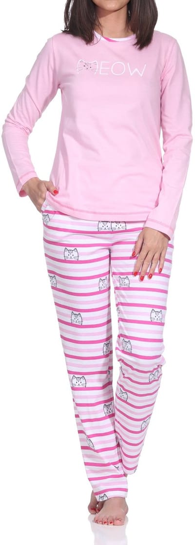 Normann dames pyjama met lange mouwen in kattenlook – ook in grote maten