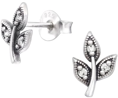 Joy|S - Zilveren takje oorbellen - takje met blad oorknoppen - 6 x 9 mm - zirkonia - geoxideerd