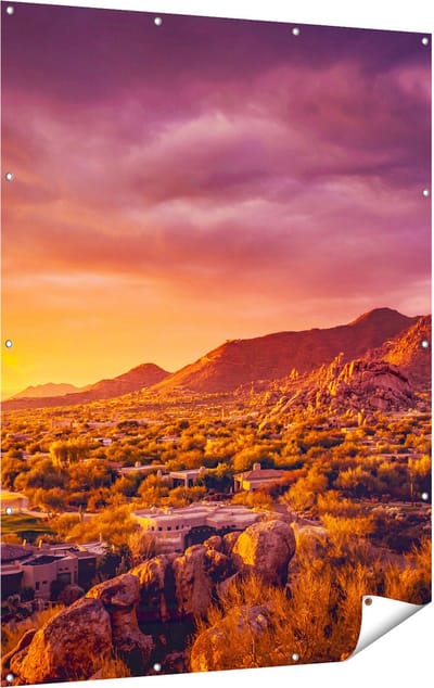 Gards Tuinposter Woestijn Landschap met Zonsondergang - 120x160 cm - Tuindoek - Tuindecoratie - Wanddecoratie buiten - Tuinschilderij