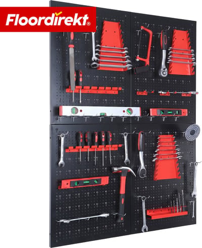 Floordirekt Gereedschapswand Parker - Metalen Gatenwand Set met Accessoires - Zwart/Rood - 4-Delig - Praktische Gereedschapshouder voor Werkplaats & Garage - Stevig, Overzichtelijk & Ruimtebesparend