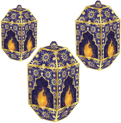 360 DEGREES - 3 blauwe en gouden Eid Mubarak papieren lantaarns 20, 24 en 28 cm om op te hangen