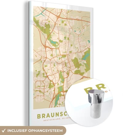 MuchoWow® Glasschilderij 120x180 cm - Schilderij acrylglas - Braunschweig - Plattegrond - Vintage - Kaart - Stadskaart - Foto op glas - Schilderijen