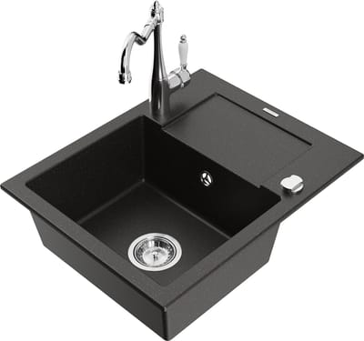 Mexen Enzo granieten gootsteen 1-komoors met afdruiprek en keukenkraan Carla, zwart/goud metallic - 6506-75-670700-00