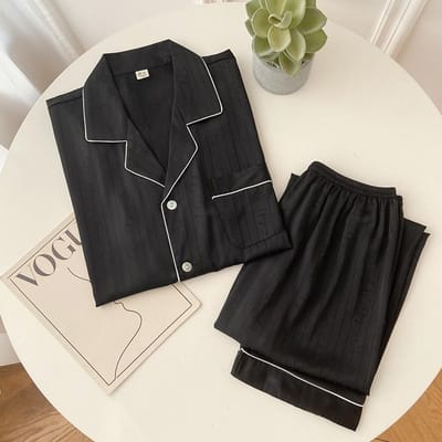 Pyjama à revers imprimé léopard, chemise, pantalon, vêtements de nuit, vêtements pour la maison, manches longues, soie glacée, bord en dentelle, vêtements d'intérieur, 2 pièces XL black