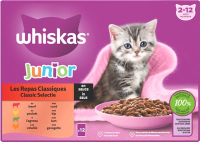 3x Whiskas Classic Junior - Kattenvoer Natvoer - Selectie in saus - maaltijdzakjes 12x 85g