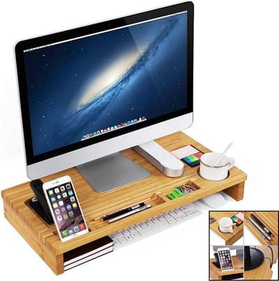 2 in 1 Monitorstandaard van bamboe hout - Monitor - Laptop beeldscherm verhoger - Monitorverhoger standaard
