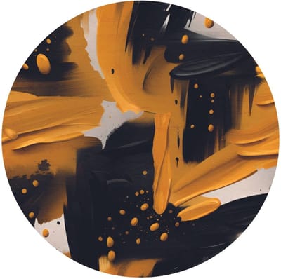 Indoorart - Muurcirkel Abstract Zwart met Geel Forex 30 cm - Wanddecoratie - Afbeelding op Forex - Inclusief ophangplaat