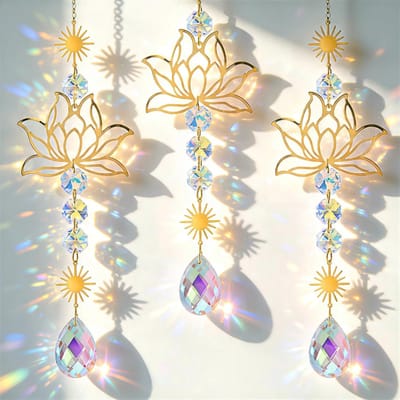 Crystal Lotus Blossom Zonvanger met Kristalprisma - Lotus Bloem Windspel Raamversiering - 3 Stuks Kristalhangsels voor Thuis Kantoor Tuin - Moderne Lichtvangende Versiering