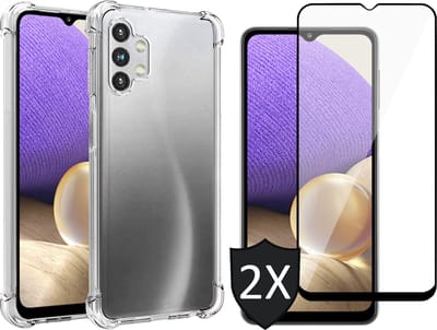 Hoesje geschikt voor Samsung Galaxy A32 5G - 2x Screen Protector FullGuard - Back Cover Case ShockGuard Transparant & Screenprotector