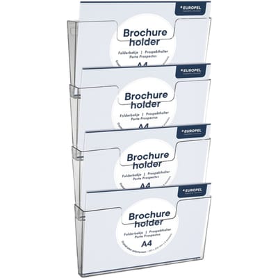 Europel Folderbakjes meervoudig – Flyers, Folders & Visitekaartjes – 4x A4 liggend – 29,7 x 21 cm – Glasheldere presentatie – Beurzen en kantoren – 4 Losse delen wandmontage en zelf in te delen