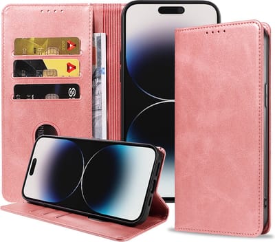 Smartphonica iPhone 14 Pro Max kunstleren hoesje met magnetische sluiting en pashouders book case - Roze geschikt voor iPhone 14 Pro Max