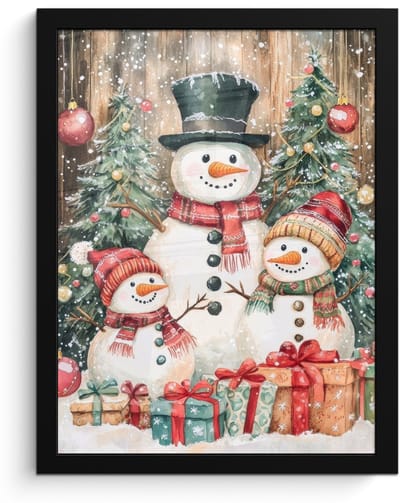 Poster in lijst - Fotolijst 30x40 cm - Posters - Sneeuwpop - Familie - Kleurrijk - Posterlijst zwart - Decoratie - Wanddecoratie woonkamer - Muurdecoratie slaapkamer