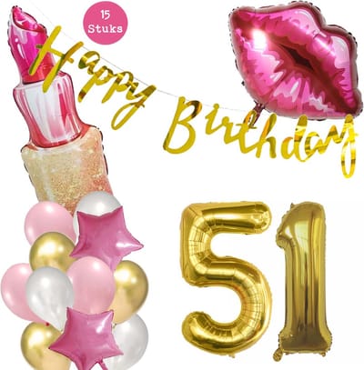 Snoes Beauty Helium Ballonnen Set 51 Jaar - Roze Folieballonnen - Slinger Happy Birthday Goud