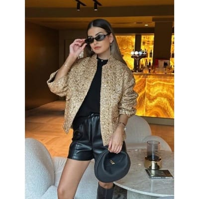 Damesmode Pailletten Glanzend Kort Jasje Elegant Lange Mouwen Opstaande Kraag Crop Jas Herfst Dames High Street Partykleding L beige