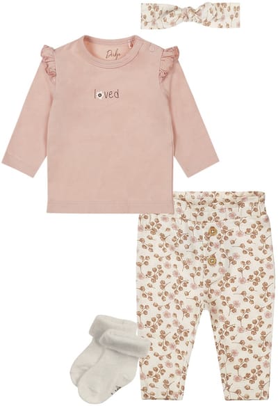 Dirkje - Basic Collection - BIO COTTON - Broek met bloemetjes Offwhite - Shirt Light Dusty Pink - haarbandje - 1 paar noppies sokjes - Maat 68