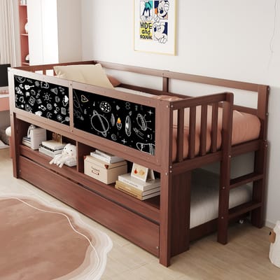 Wishdor – Kinderhoogslaper 90x200 cm – Met Uitschuifbed & Krijtbordpanelen – Creatief & Veilig – Hout – Bruin
