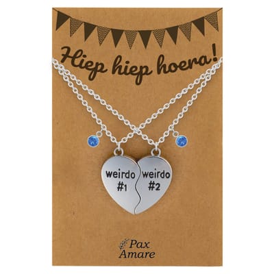 BFF Ketting voor 2 'Hiep Hiep Hoera' - Weirdo's Hartje - Vriendschapsketting op Cadeau Kaartje - 45cm + 5cm verstelbaar - Zilverkleurig - Verjaardags Hanger - Pax Amare