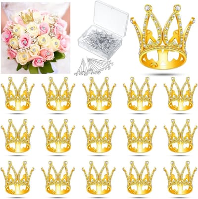 Yinkin 115 Stuks Bloemen Boeket Accessoires Corsages Pinnen Mini Kroon Cake Topper Kleine Tiara Verjaardagstaart Topper Bloem Boeket Met Pins Voor Bruiloft Verjaardag Cake Decoratie (Goud)