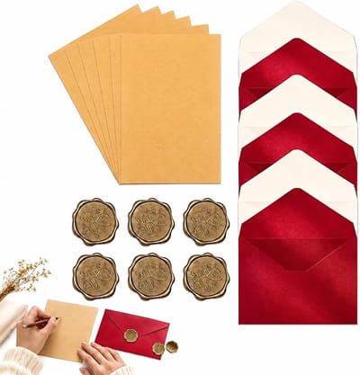 Vintage Briefpapier Set met Enveloppen en Zelfklevende Waszegels - 20 Lijnen Briefpapier en 6 Enveloppen - Perfect voor Liefdesbrieven, Uitnodigingen en Notities - Tijdloos en Elegant