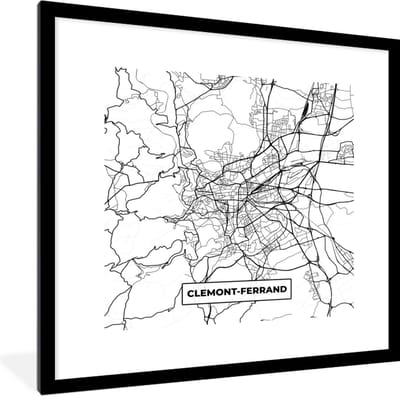 Fotolijst incl. Poster Zwart Wit- Frankrijk - Clermont-Ferrand - Plattegrond - Stadskaart - Kaart - Zwart wit - 40x40 cm - Posterlijst
