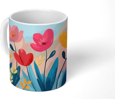 Mok - Koffiemok - Illustratie - Bloemen - Kleurrijk - Mokken - 350 ML - Beker - Koffiemokken - Theemok
