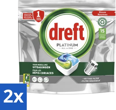 2 x Dreft - Platinum All In One - Vaatwascapsules - Voor Moeilijke Uitdagingen - 15 Capsules - Vaatwasser - Vaatwasmachine - Vaatwasmachine Filter - Vaatwasmachine Reiniging - Vaatwasmachine Vetoplossing