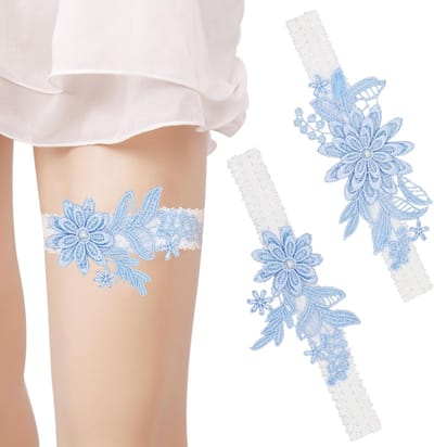 Bruiloft Kousenband - Bruidsaccessoire Kant - Bruiloft Decoratie - Handgemaaide Bloemen - One Size - Blauw Wit