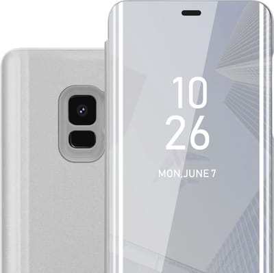 Cadorabo Hoesje geschikt voor Samsung Galaxy S9 in AGAAT ZILVER - Clear View Spiegel Beschermende Case met Tribunefunctie 360 Graden Bescherming Book Case Cover Etui