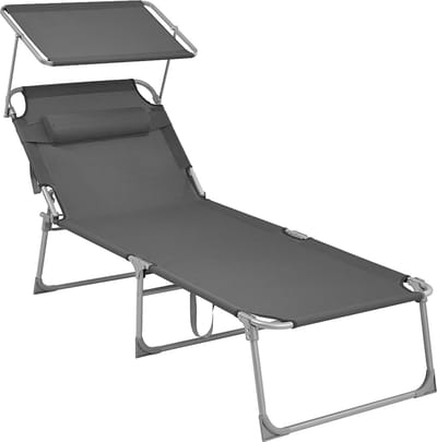 ACAZA Ligbed XL Tuin - Ligstoel Tuin - Extra Breed - Zonnebed - Stretcher - Ligzetel Buiten - Ligbed Opvouwbaar - Strandbed - Lounge Bed - Tot 150 kg - Inclusief Kussen, Zonnescherm en 4 Standen - Draagbaar - Grijs
