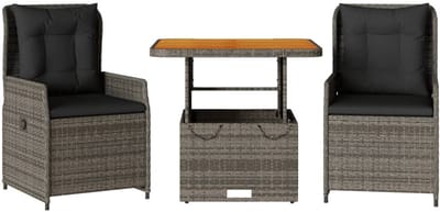 Balkonset 2 personen - Tuinset - Bistroset - Grijs - Weerbestendig - 3 delig - Tuintafel en 2 stoelen - 2 personen - Poly Rattan