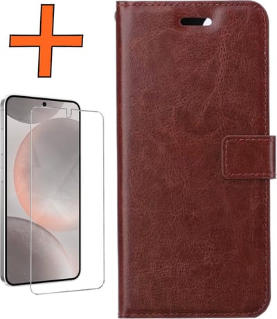 Hoes - Met Screenprotector - Geschikt voor Samsung Galaxy S24 - Luxe Pasjeshouder - Bookcase Portemonee - Flip Case - Kunstleer Book Case - Flipcase - Book Cover - Walletcase - PortemonneeHoes - Bruin