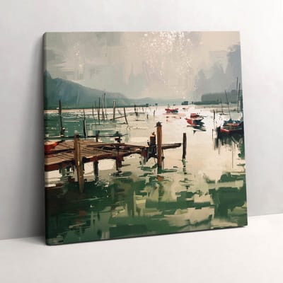 Wallfluent Foto Op Canvas Digitale illustratie van vissersboten in de haven - 60 x 60 cm - Groente Canvas Schilderij - Landschappen Foto Canvas - Imitatie van een olieverfschilderij Schilderij Op Doek - Kunst Schilderij Op Canvas