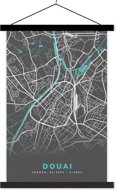 Posterhanger incl. Poster 40x60 cm - Schoolplaat - Douai - Frankrijk - Plattegrond - Stad - Stadskaart - Textielposter - Zwarte latten - Stadskaart