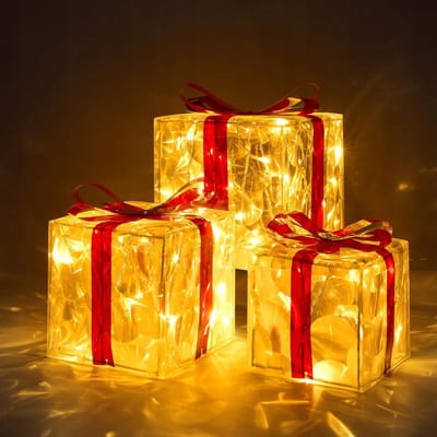 LED Kerstcadeau Decoratiebox - Kerstverlichting Figuur - Kerstdecoratie - Warm Wit Licht - Set Van 3 (Rood) - Onder De Kerstboom - met Strik en Kerstdecoratie