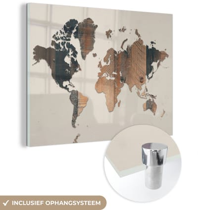 ® Glasschilderij 120x90 cm - Schilderij acrylglas - Wereldkaart - Hout - Plank - Foto op glas - Muurdecoratie woonkamer - Wanddecoratie slaapkamer - Schilderijen