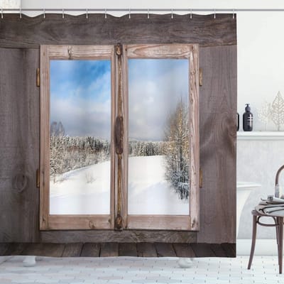 ABAKUHAUS douchegordijn – Wintertafereel – 175x180 cm – Donkerbruin/Wit/Blauw