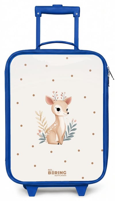 NoBoringSuitcases.com® - Kinderkoffer blauw - Kindertrolley jongen - Hertje met planten in een veld vol stippen - Koffer kind lichtgewicht - Reiskoffer trolley voor kinderen - Koffertje met lichtgevende wieltjes - Rolkoffer